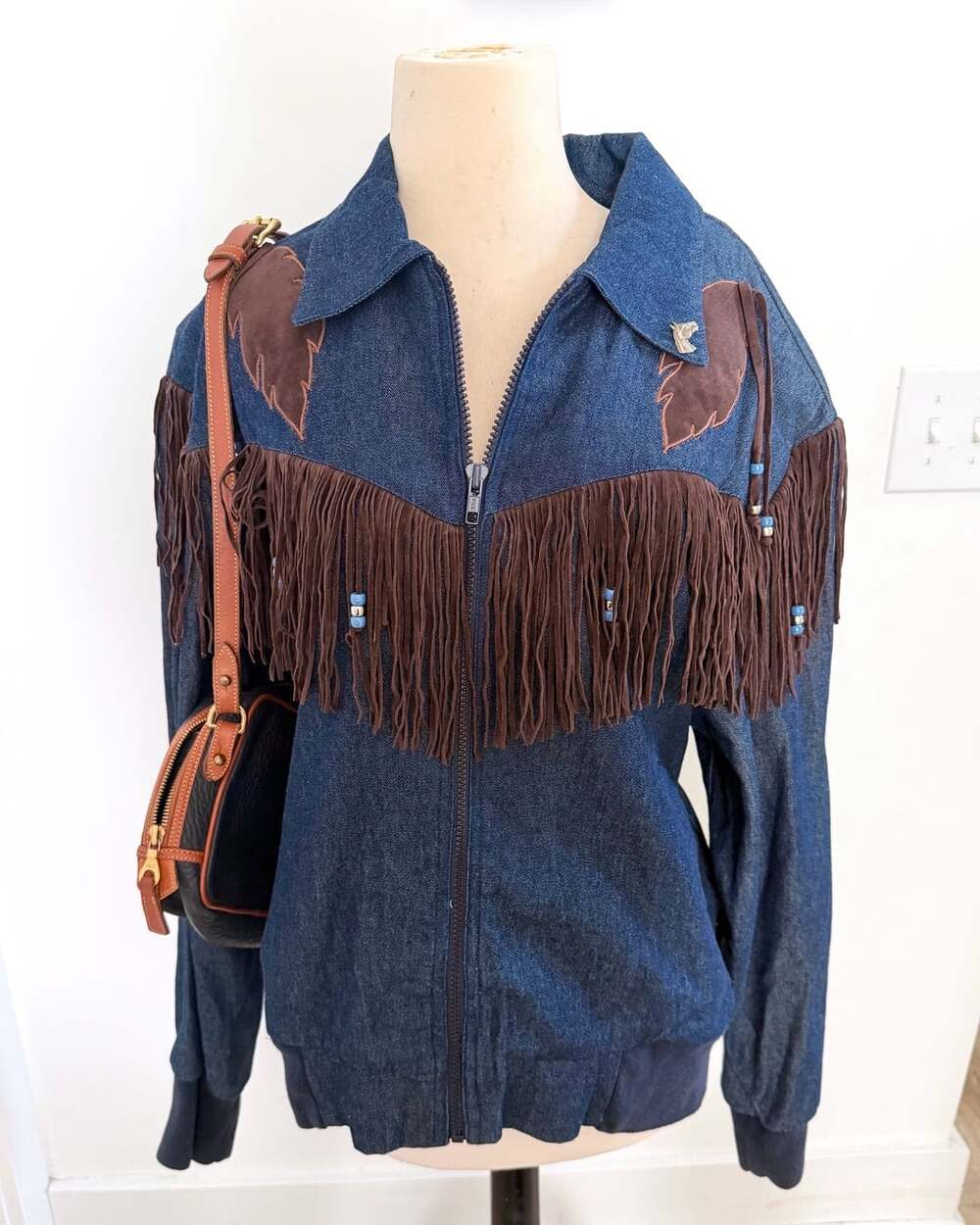 Vintage Western Collection Denim Fringe Jacket USA Made Beaded Suede Trim Medium